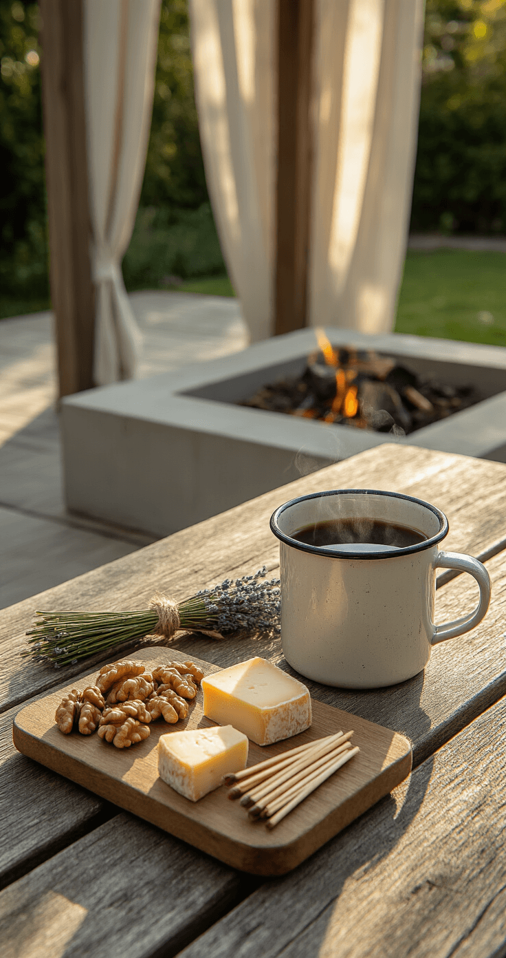 DIY Vuurkorf & BBQ-plek: Zo Bouw en Style Je De Perfecte Buitenhoek Detailrijke flat lay fotografie van een verouderde teak tuin tafel, met een mok koffie, rustieke serveerplank met kaas en noten, een bundeltje gedroogde lavendel, ecologische aanmaakblokjes, en lange lucifers. Shot vanuit een 90 graden bovenaanzicht met gedempt licht door linnen gordijnen in een pergola. Texture: ruwe beton, gladde keramische glazuur, splinterige houtnerf, en geweven jute. Kleuren: warm beton grijs, ivoren wit, diep espresso bruin, stoffige lavendel, en gedempt terracotta. Sfeer: editorial, ambachtelijk, hygge-geïnspireerd stilleven.