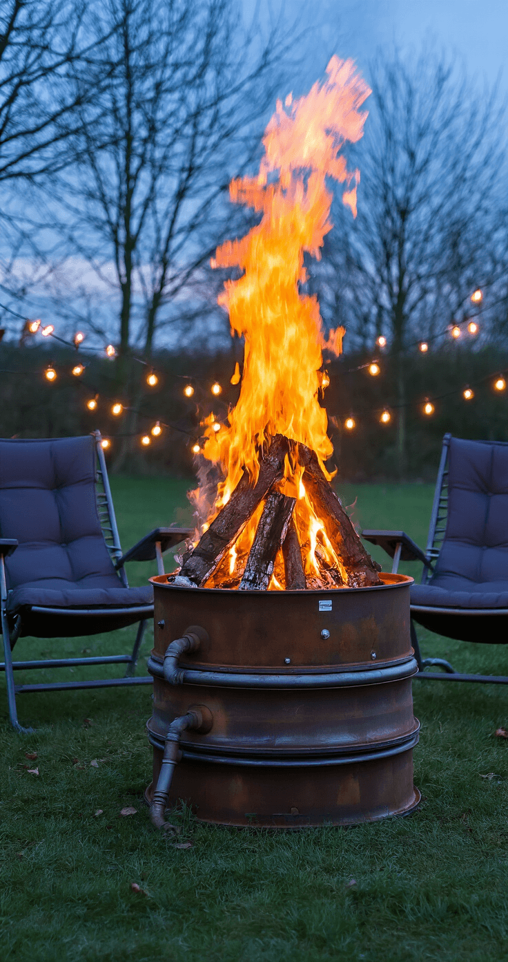 DIY Vuurkorf & BBQ-plek: Zo Bouw en Style Je De Perfecte Buitenhoek Een buitenste scène tijdens het blauwe uur in oktober, met een DIY vuurkorf van gestapelde stalen velgen, vlammen die 40 cm hoog zijn, en donkergrijze lounge stoelen op 80 cm afstand. Een houten pergola met warme fairy lights en een mosgroene bakstenen muur op de achtergrond, verlicht door grondspots. Kleurpalet: industrieel charcoal, gesmolten amber, diep roestoranje en een MIDNIGHT blauwe lucht. Sfeervol, dramatisch en urban-rustiek.