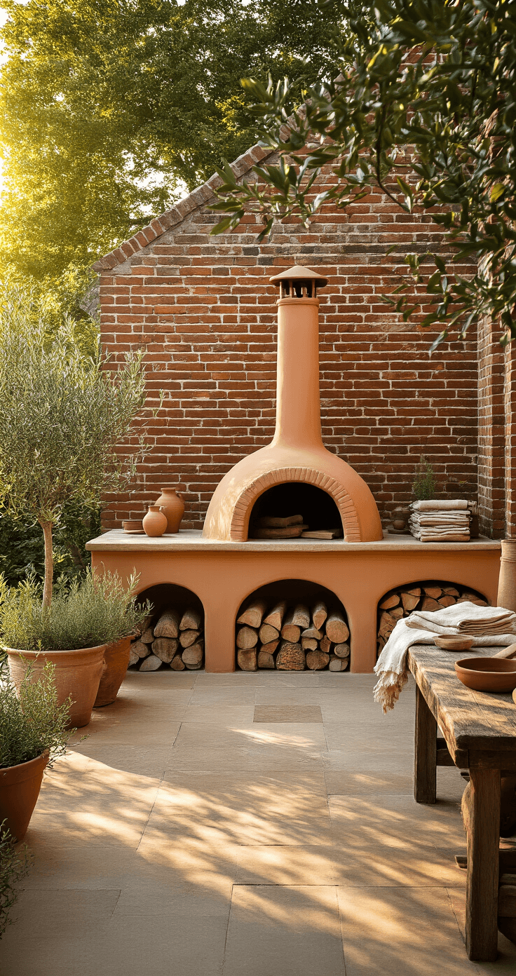Bouw Je Eigen Buitenhaard of Pizzaoven: De Ultieme Gids voor een Sfeervol Tuinparadijs A rustic Dutch backyard garden at golden hour, showcasing a handcrafted clay leem oven against a red-brick wall, with a warm amber glow, birchwood logs stacked nearby, and ceramic pots of rosemary and an olive tree, all captured with gentle background bokeh.