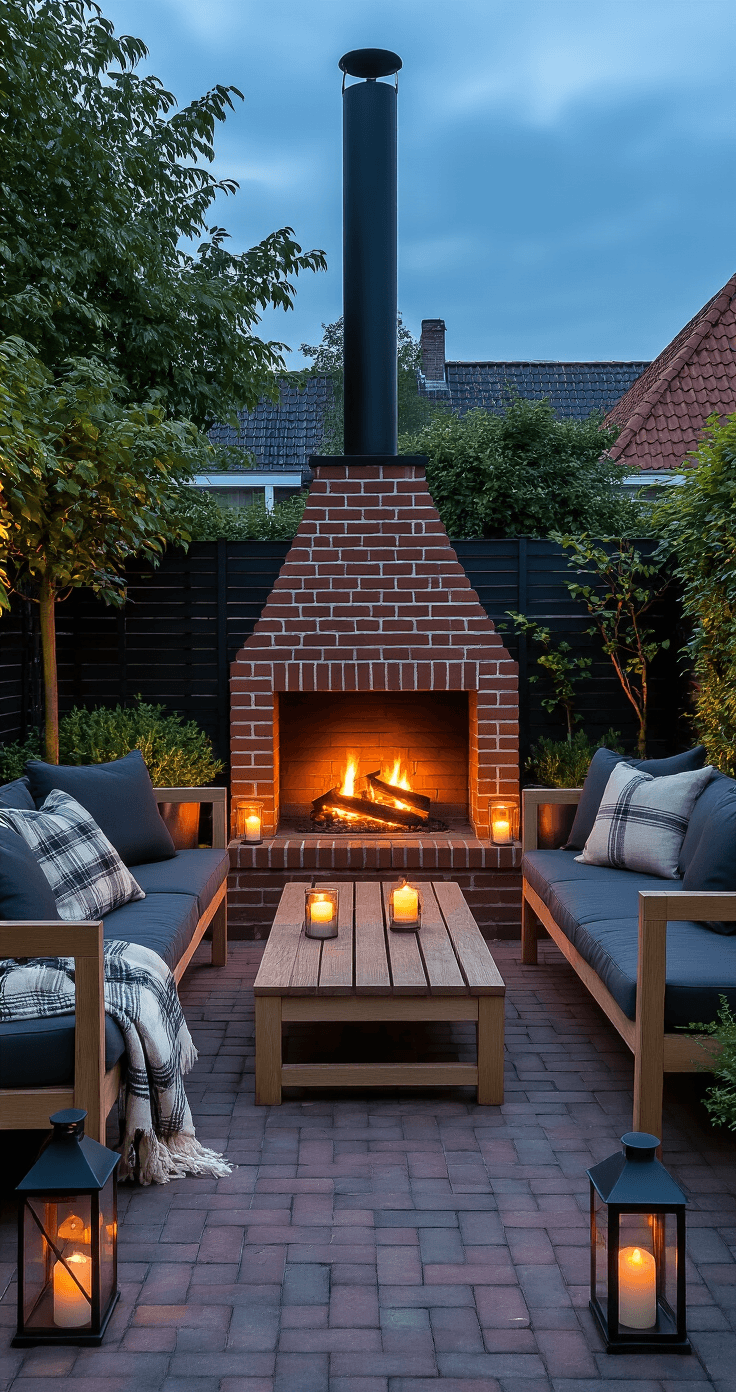 Bouw Je Eigen Buitenhaard of Pizzaoven: De Ultieme Gids voor een Sfeervol Tuinparadijs A Dutch garden patio scene at twilight featuring a brick buitenhaard with a black steel chimney, glowing embers, Scandinavian-inspired wooden furniture with charcoal cushions, a chunky-knit plaid, and black metal lanterns with candles, captured from a low angle to emphasize the chimney against a moody, cinematic backdrop.