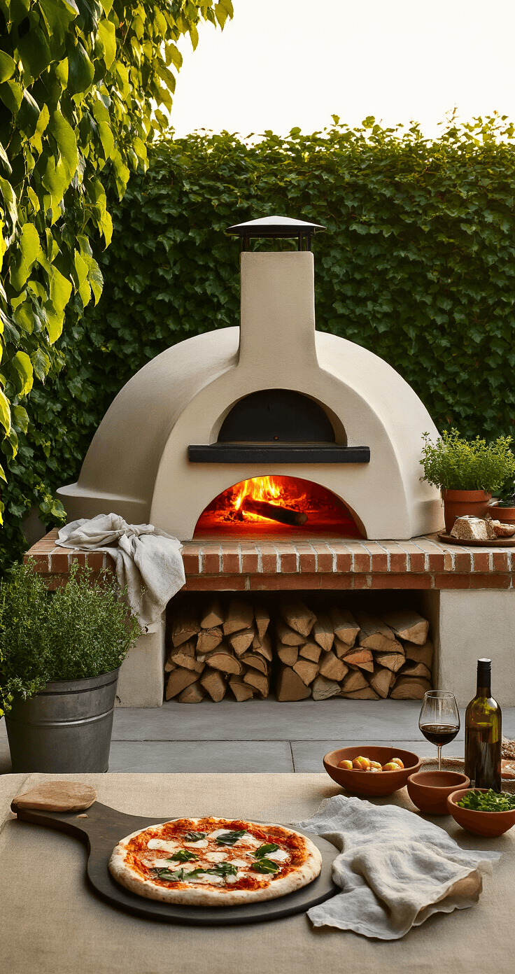 Bouw Je Eigen Buitenhaard of Pizzaoven: De Ultieme Gids voor een Sfeervol Tuinparadijs A wide-angle interior shot of a Dutch garden during golden hour, featuring a dome-shaped stone pizza oven on a concrete and brick base, glowing with fire. In the foreground, a freshly baked Neapolitan pizza rests on a dark wooden peel, with terracotta bowls of fresh herbs and a linen-draped table displaying olive oil and wine glasses nearby. The background includes a green hedge and climbing ivy, with warm terracotta, grey, green, and cream colors predominating.
