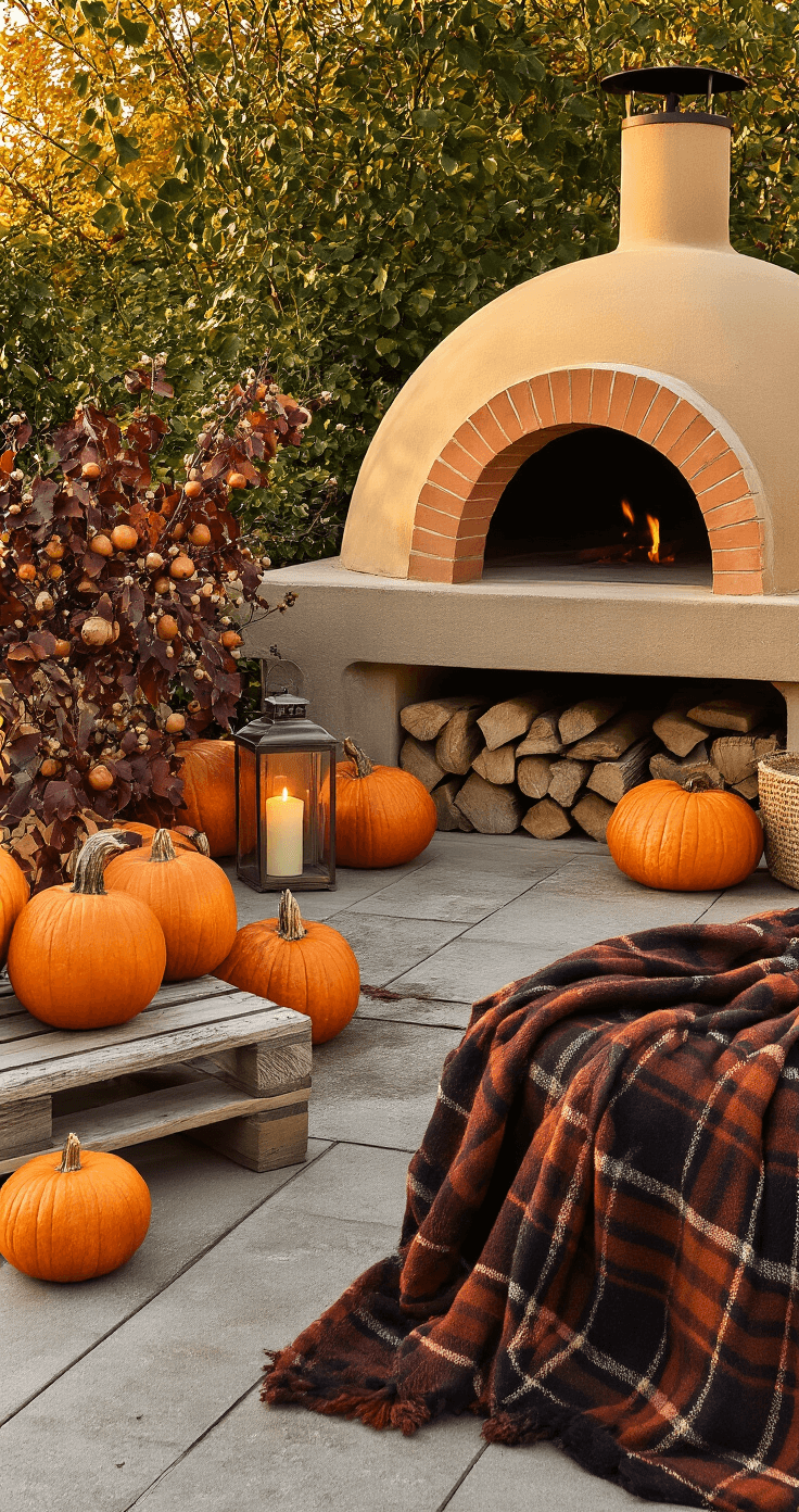 Bouw Je Eigen Buitenhaard of Pizzaoven: De Ultieme Gids voor een Sfeervol Tuinparadijs A cozy autumn scene featuring a Dutch leemoven on a compact terrace, surrounded by orange pumpkins, dried chestnut branches, and dark red foliage, with a knitted dark ochre plaid on a wooden stool and a lantern with a flickering candle, all bathed in golden hour light.