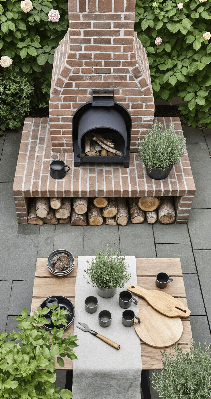 Bouw Je Eigen Buitenhaard of Pizzaoven: De Ultieme Gids voor een Sfeervol Tuinparadijs A symmetrical flat-lay of a Dutch garden featuring a mortared brick tuinhaard with a steel door and black chimney, surrounded by a haardset, birch logs, enamel mugs, a linen table runner, potted rosemary, and a pizza paddle, set on a grey natural stone terrace under diffused natural light.