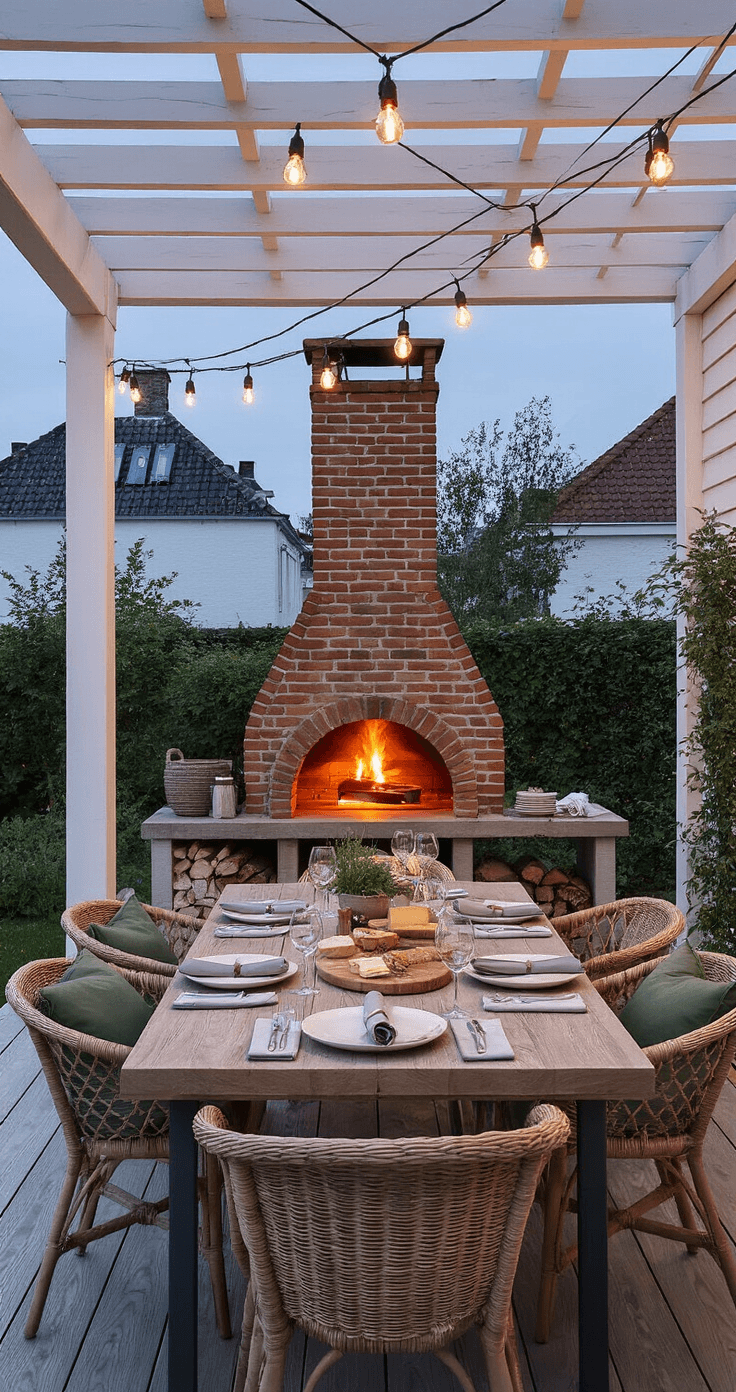 Bouw Je Eigen Buitenhaard of Pizzaoven: De Ultieme Gids voor een Sfeervol Tuinparadijs A warm twilight scene of a Dutch outdoor living space featuring a large brick pizza oven, an oak dining table set with emaille plates, linen napkins, and wine glasses, surrounded by rattan chairs with green cushions. String lights illuminate the area beneath a pergola, while a whitewashed brick wall with climbing plants serves as the backdrop.