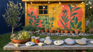 DIY Tuinschilderingen: Zo Maak Je Je Tuin Tot Een Levend Kunstwerk Cinematic Dutch garden scene at golden hour featuring a hand-painted mural on a wooden shed wall, intricately designed river stones, and rustic gardening tools, all framed by string lights and lush greenery.