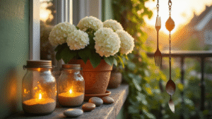 DIY Tuinornamenten: Zo Maak Je Zelf Sfeervolle Blikvangers voor Tuin of Balkon Cinematische close-up van een zonnige hoek van een Nederlands balkon in het gouden uur, met handgemaakte glazen lantaarns, een mozaïek terracotta pot met witte hortensia's, handgeschilderde stenen en een vintage windgong.