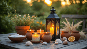 DIY Buitenkaarsen en Lantaarns: Zo Maak Je Jouw Tuin of Balkon Sfeervol Cinematic Dutch garden terrace at golden hour with rustic DIY candles in jampotjes, terracotta pots, a glowing black lantern, seashells, and dried citrus slices, showcasing warm earthy tones and inviting ambiance.