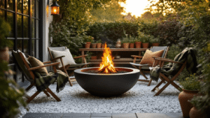 DIY Vuurkorf & BBQ-plek: Zo Bouw en Style Je De Perfecte Buitenhoek Cozy Dutch garden terrace at golden hour featuring a handcrafted fire bowl on antracite tiles, with raw oak tables, mismatched chairs, and glowing copper lanterns amidst terracotta herb pots, creating an intimate urban-rustic atmosphere.
