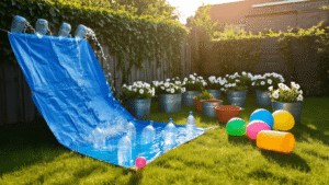 DIY Buitenwaterspelen: Zo Maak Je de Leukste Waterspellen met Spullen uit Huis Zomerse Nederlandse tuin met DIY watergames: waterglijbaan van blauwe tarp, waterwand van plastic flessen, emmers vol water, sponzen en waterballonnen, omringd door groene grassen en bloeiende petunia's.