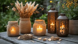 DIY Windlichten voor de Tuin: Zo Maak Je Sfeervolle Lichtjes Die Pinterest Gek Maken Cinematische flat-lay van DIY tuin windlichten op vergrijsde teak oppervlakte, met glazen potten, jute, en koperen elementen, verlichte door warme LED kaarsen, omringd door droogbloemen en eucalyptus.