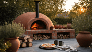 Bouw Je Eigen Buitenhaard of Pizzaoven: De Ultieme Gids voor een Sfeervol Tuinparadijs A rustic Dutch backyard at golden hour, featuring a leemoven and brick buitenhaard on a stone terrace, with birchwood logs, rosemary pots, a table with Neapolitan pizza, mugs, and string lights illuminating the scene.