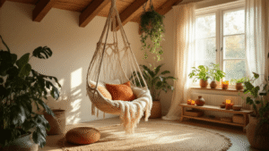 DIY Hangstoelen en Schommels: Zo Maak Je Een Stijlvolle Plek Die Iedereen Wil Fotograferen Een zonovergoten boho woonkamer met een handgemaakt macramé hangstoel, zachte schaduwen, en een warme, aardse kleurenpalet.