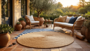 DIY Buitenvloerkleed Maken: Van Sisaltouw tot Stijlvolle Buitenhoek (Met Pinterest-Waardige Foto's) Cinematic Dutch terrace scene at golden hour featuring a large round handmade sisal rope rug on weathered terracotta tiles, paired with a painted chevron outdoor rug, surrounded by rattan chairs, terracotta pots with plants, and craft materials, all in warm earthy tones.