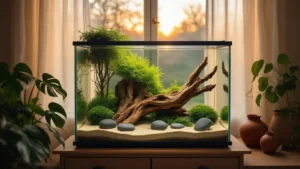 DIY Aquascape en Vijver: Zo Maak Je Thuis Een Pinterest-Waardig Waterparadijs A tranquil Dutch living room featuring a lush nature-style aquascape tank with emerald aquatic plants, dramatic driftwood, and volcanic stones, illuminated by warm amber light from sheer curtains, complemented by monstera and pothos plants, with soft bokeh and a misty atmosphere.