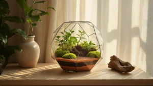 DIY Terrarium Maken: De Ultieme Gids voor een Mini-Tuin in Glas Terrarium in geometrisch glazen ontwerp op een vergrijsde eiken dressoir in een zonovergoten Nederlandse woonkamer met gouden uurlicht.