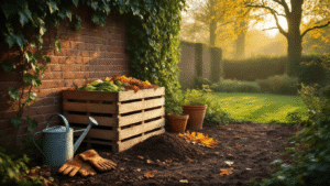 DIY Compostbak Bouwen: De Complete Gids voor Milieuvriendelijk Tuinieren Cinematische wijde opname van een rustieke Nederlandse tuinhoek bij het gouden uur, met een verweerde eiken palletcompostbak vol levendige organische materialen, omgeven door een dichte haag van Haagbeuk en klimop op een bakstenen muur. Een vintage zinken gieter en terracotta kruidenpotjes liggen in de buurt. Warme zonnestralen filteren door beukenbomen, terwijl ochtenddauw op gevallen esdoornbladeren sprankelt. Aarden tonen van grijs-bruin, diep koper en bosgroen.