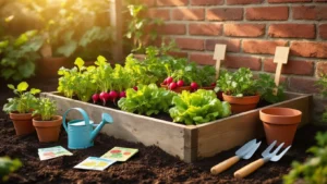 DIY Moestuin voor Kinderen: Zo Start Je een Leuk en Leerzaam Tuintje (Zelfs Zonder Grote Tuin) Cinematic golden hour scene of a Dutch children's vegetable garden featuring a wooden raised bed with vibrant radishes, lettuce, and strawberries, surrounded by terracotta pots, seed packets, and gardening tools, all basking in warm sunlight.
