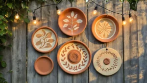 DIY Wanddecoratie Buiten: Maak Prachtige Terracotta Wandborden voor je Tuinmuur (Voor Nog Geen €40) Cinematische close-up van zeven handgeschilderde terracotta tuinschalen op een verweerd grijs Nederlands houten hek, verlicht door het warme amberlicht van de gouduur. Mix van kleine, middelgrote en grote schalen met botanische motieven in aardetinten. Edison lampjes hangen door de compositie en kleine hangplanten flankeren de schalen, met een zachte scherptediepte en mediterraan gevoel.