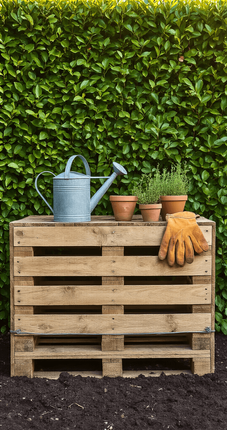 DIY Compostbak Bouwen: De Complete Gids voor Milieuvriendelijk Tuinieren A rustic Dutch garden corner at golden hour, featuring a weathered oak pallet compost bin on dark earth, framed by a hornbeam hedge, with a vintage zinc watering can, terracotta pots of herbs, and worn leather gardening gloves, captured in soft morning light.
