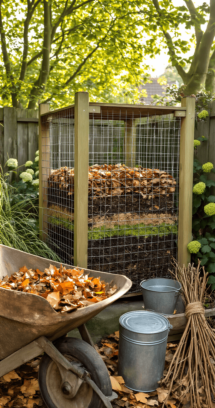 DIY Compostbak Bouwen: De Complete Gids voor Milieuvriendelijk Tuinieren Wide-angle shot of a Dutch backyard composting zone featuring a wire mesh compost bin filled with layered organic materials, a weathered wooden wheelbarrow with autumn leaves, and pruned hazel branches, all set in mid-morning light filtering through beech trees, with ornamental grasses and climbing hydrangea in the background.