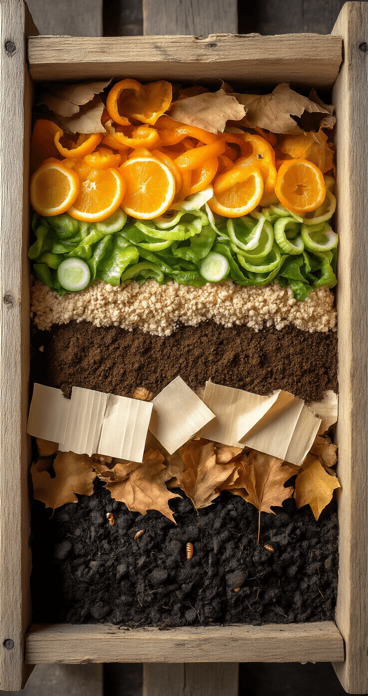DIY Compostbak Bouwen: De Complete Gids voor Milieuvriendelijk Tuinieren Close-up photograph of a Dutch compost bin interior showcasing vibrant organic layers including green vegetable peels, dark coffee grounds, torn cardboard, autumn leaves, and finished compost, with small earthworms, framed by rough-sawn pallet planks, all captured in soft morning light.
