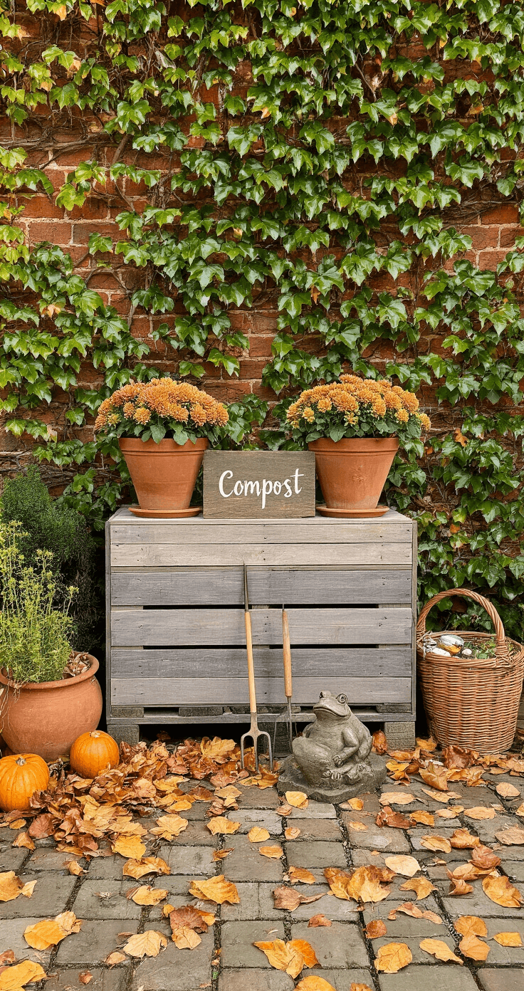 DIY Compostbak Bouwen: De Complete Gids voor Milieuvriendelijk Tuinieren A styled Dutch garden vignette showcasing a composting corner with a grey-brown palletbak compost bin, flanked by large terracotta pots with ornamental kale and bronze fennel, against a traditional brick wall partially covered in ivy. A small handpainted sign reading 'Compost' leans against the bin. The scene includes a bronze-handled garden fork in fallen leaves, a basket of kitchen scraps, and a vintage stone frog ornament, all set in soft autumn light.