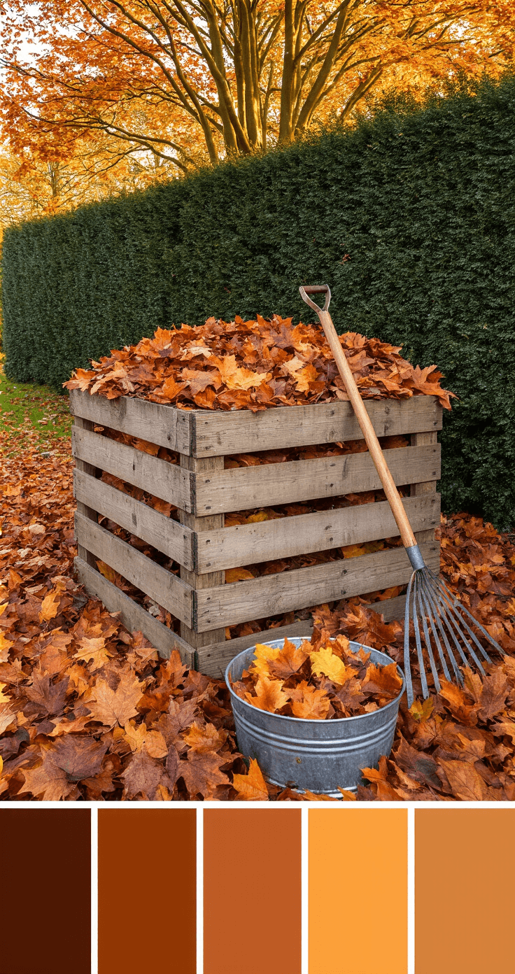 DIY Compostbak Bouwen: De Complete Gids voor Milieuvriendelijk Tuinieren Autumn composting scene in a Dutch garden at blue hour, featuring a robust pallet compost bin surrounded by fallen maple and oak leaves in amber, sienna, and copper tones, with a wooden-handled rake nearby and a galvanized tub overflowing with colorful leaves. Morning dew sparkles on the leaves amid a structured beech hedge in faded green-brown.