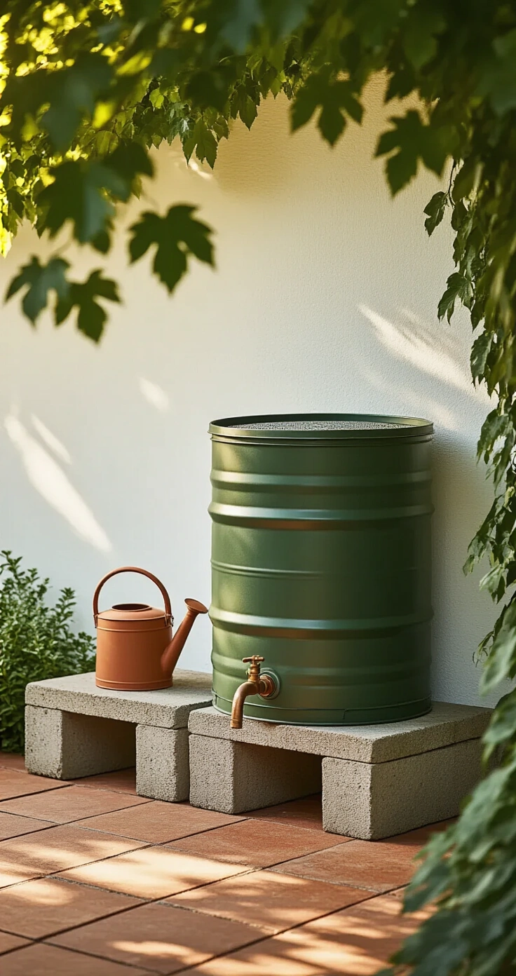 Zelf een Regenwateropvang Maken: Zo Doe Je Het Slim en Goedkoop A sunlit Dutch backyard utility corner featuring a mossy-green rain barrel on concrete blocks against a whitewashed wall, with warm light filtering through oak leaves, dappled shadows on terracotta tiles, and a brass tap above a terracotta watering can, framed by climbing ivy.