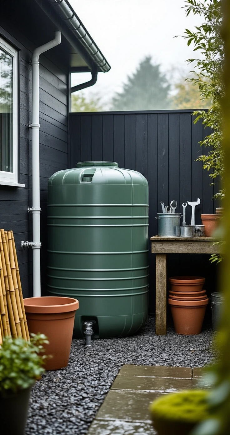 Zelf een Regenwateropvang Maken: Zo Doe Je Het Slim en Goedkoop A practical Dutch garden shed corner featuring a translucent 1000-liter IBC container in industrial green, adjacent to a charcoal-painted wooden fence, with terracotta pots and bamboo canes nearby. A white PVC downpipe with a chrome diverter valve feeds rainwater into the container, set on compacted gravel. A worn wooden workbench holds galvanized metal tools, with moss patches on stone paving, all captured in soft morning light.