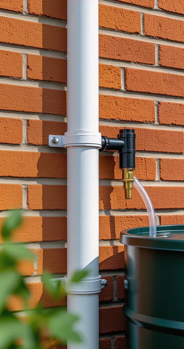 Zelf een Regenwateropvang Maken: Zo Doe Je Het Slim en Goedkoop Close-up of a Dutch rainwater collection downpipe installation featuring a white PVC rainpipe, a matte black vulautomaat diverter, and a forest-green barrel, set against a classic orange-red Flemish bond brick wall.