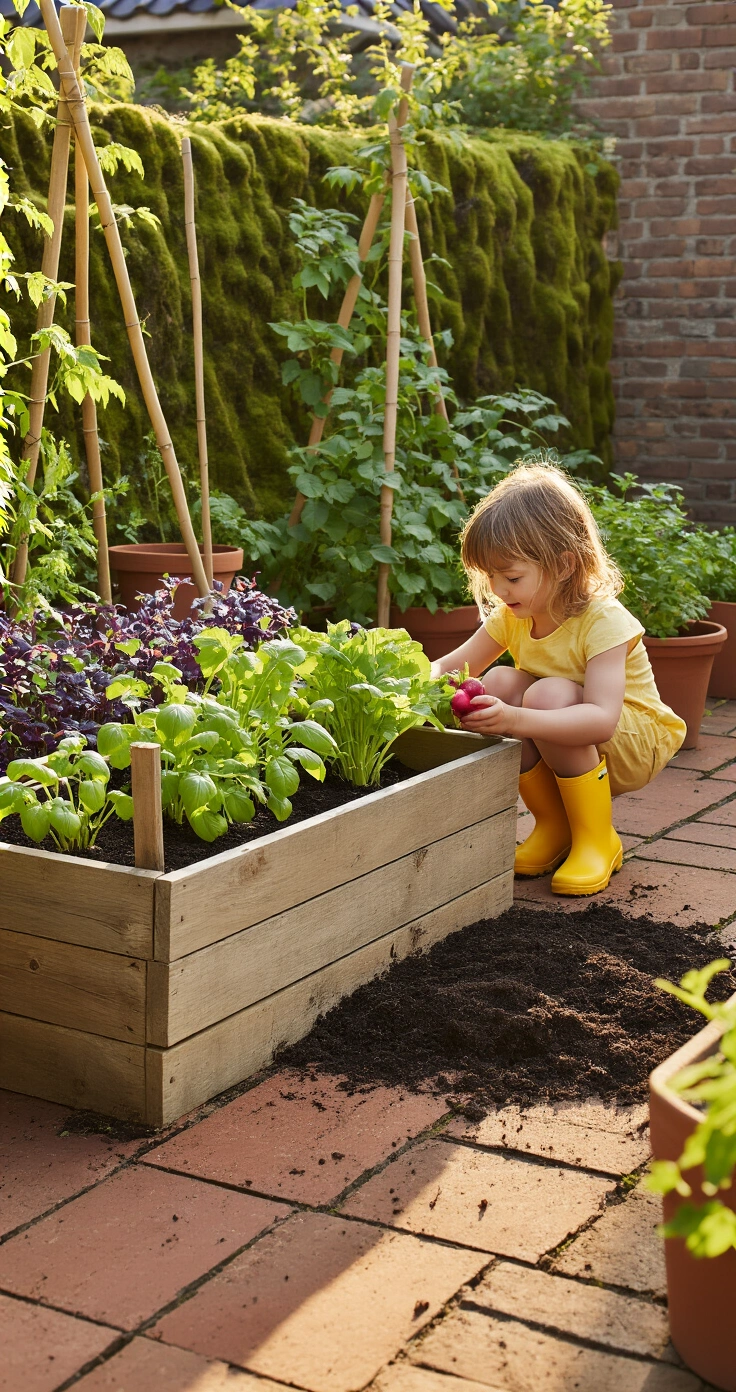 DIY Moestuin voor Kinderen: Zo Start Je een Leuk en Leerzaam Tuintje (Zelfs Zonder Grote Tuin) A young girl in yellow rubber boots pulls a red radish from a rustic wooden vegetable bed in a sunlit Dutch family garden, surrounded by terracotta pots and a moss-covered brick wall, captured during golden hour.