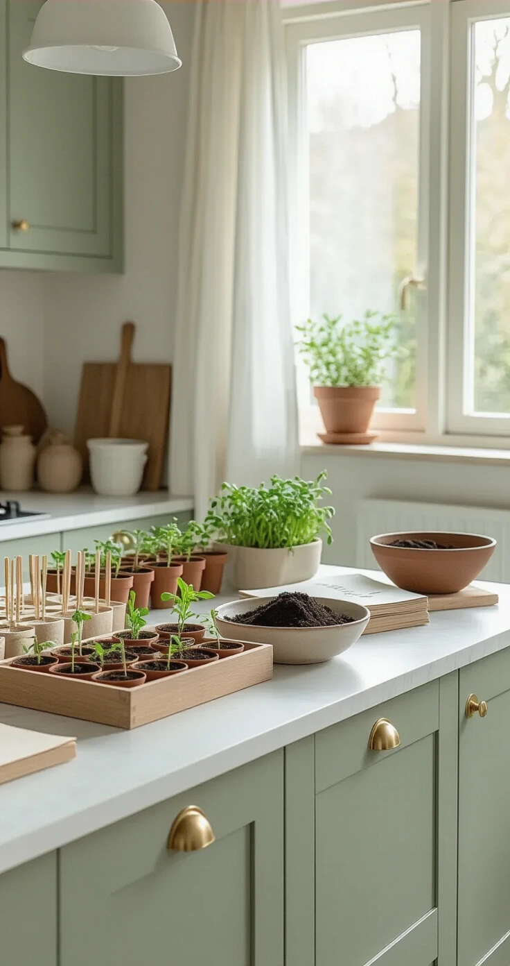 DIY Moestuin voor Kinderen: Zo Start Je een Leuk en Leerzaam Tuintje (Zelfs Zonder Grote Tuin) A bright minimalist Dutch kitchen featuring a white Shaker-style island adorned with organized DIY vegetable garden starter materials, including terracotta seedling pots, muted seed envelopes, a ceramic bowl of compost, bamboo labels, and a gardening book, all bathed in soft morning light from a north-facing window with white linen curtains. The cabinetry is pale sage green, complemented by warm white marble countertops and brushed brass hardware.