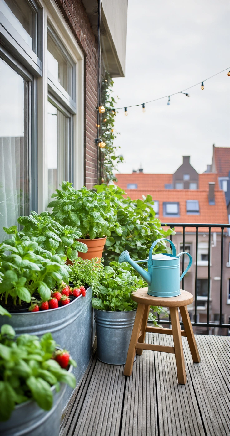DIY Moestuin voor Kinderen: Zo Start Je een Leuk en Leerzaam Tuintje (Zelfs Zonder Grote Tuin) A cozy urban balcony scene in Amsterdam featuring a compact vegetable garden with mint, strawberries, and leaf lettuce in zinc and terracotta planters, a child-sized wooden stool with a powder blue watering can, and weathered wooden decking tiles, all under soft overcast light with orange clay rooftops blurred in the background.