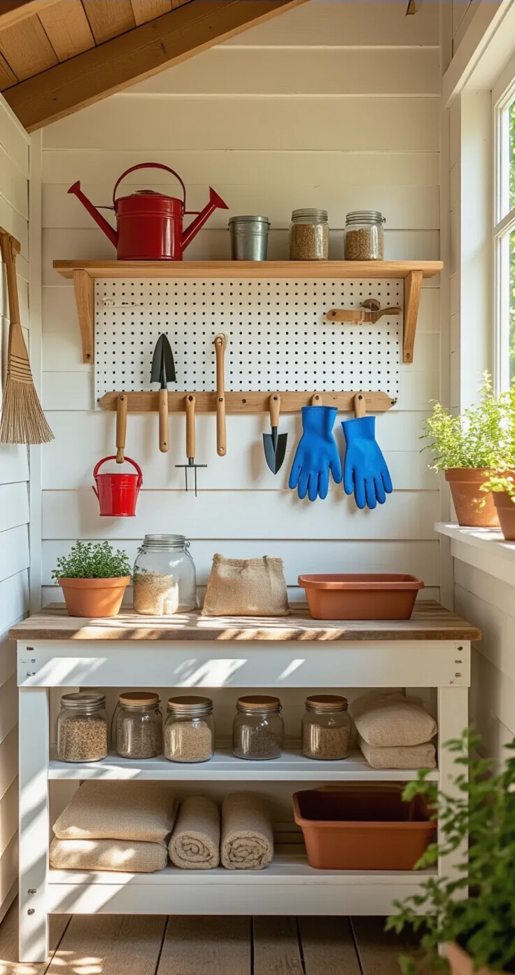 DIY Moestuin voor Kinderen: Zo Start Je een Leuk en Leerzaam Tuintje (Zelfs Zonder Grote Tuin) A cozy Dutch garden shed interior featuring a DIY children's tool station on a whitewashed shiplap wall, with a pegboard displaying miniature gardening tools, a rustic potting bench filled with gardening supplies, and dust motes illuminated by golden afternoon light.