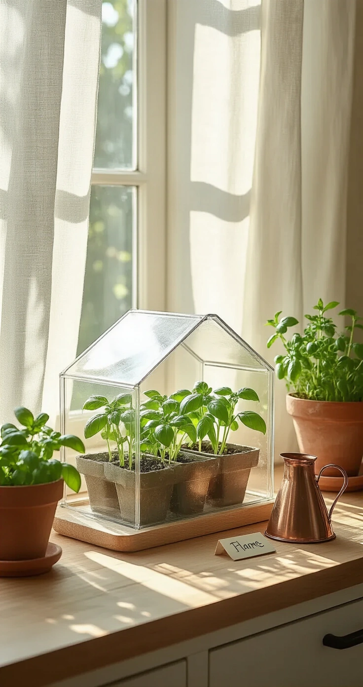 DIY Mini Kas: Zo Maak Je De Mooiste Groene Hoek In Huis (Voor Bijna Niks) A sunlit Dutch kitchen windowsill featuring a miniature greenhouse with basil and parsley seedlings, flanked by terracotta pots of mint and thyme, a copper plant mister, and hand-lettered chalk labels, all captured in soft morning light.