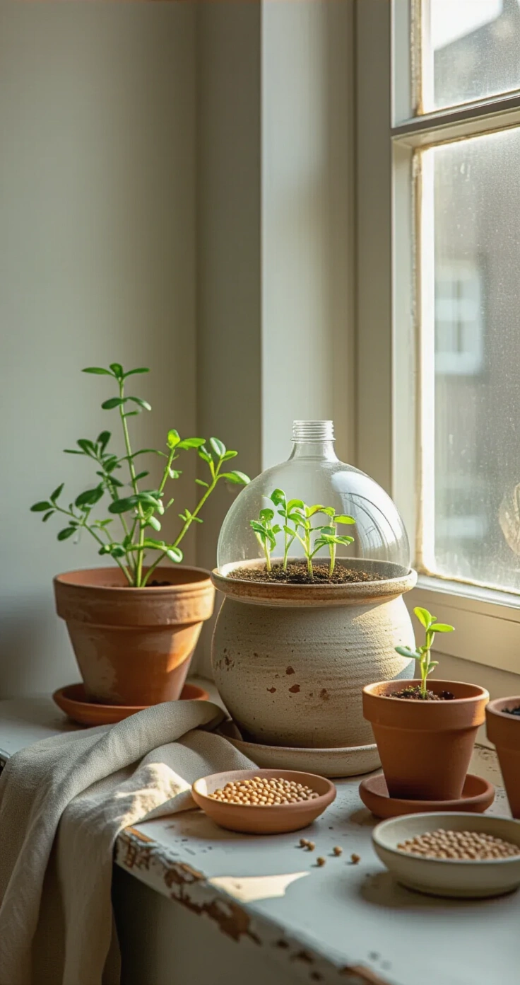 DIY Mini Kas: Zo Maak Je De Mooiste Groene Hoek In Huis (Voor Bijna Niks) A cozy Dutch studio apartment corner featuring a PET bottle greenhouse over a rustic ceramic pot on a weathered windowsill, flanked by three small terracotta pots with seedlings. A warm oatmeal linen cloth drapes underneath, while gentle side lighting creates shadows across the textures. The scene showcases a color palette of sage, warm gray, terracotta, and natural hemp, with heritage seeds scattered on a mini ceramic dish in the foreground.
