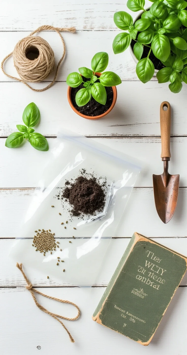 DIY Mini Kas: Zo Maak Je De Mooiste Groene Hoek In Huis (Voor Bijna Niks) Aflat-lay photograph of a Dutch home craft workspace featuring a reclaimed white-washed pine table with components for building a recycled Ziplock bag greenhouse, including a clay pot with soil, basil seeds, a vintage copper trowel, jute twine, and a botanical reference book, all arranged with soft diffused daylight.