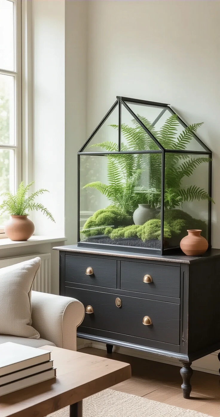 DIY Mini Kas: Zo Maak Je De Mooiste Groene Hoek In Huis (Voor Bijna Niks) A sophisticated Dutch living room vignette featuring a handcrafted plexiglass greenhouse on a dark-stained oak credenza against a limewashed wall, filled with vibrant moss green ferns and delicate seedlings. The scene includes linen-covered botanical books, matte sage ceramic vase, terracotta planters, and a copper geometric object, all softly illuminated by natural north-facing light.