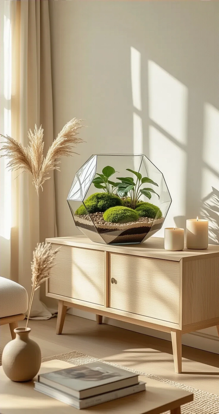 DIY Terrarium Maken: De Ultieme Gids voor een Mini-Tuin in Glas A sun-drenched Dutch living room featuring a geometric glass terrarium with layered ecosystem elements, positioned on a bleached oak dressoir against a warm white wall; includes terracotta drainage pebbles, dark charcoal, emerald cushion moss, and Fittonia plants. Surrounding decor includes a beige candle, muted coffee table books, and dried pampas grass in a ceramic vase, with warm light streaming through sheer curtains, creating soft shadows.