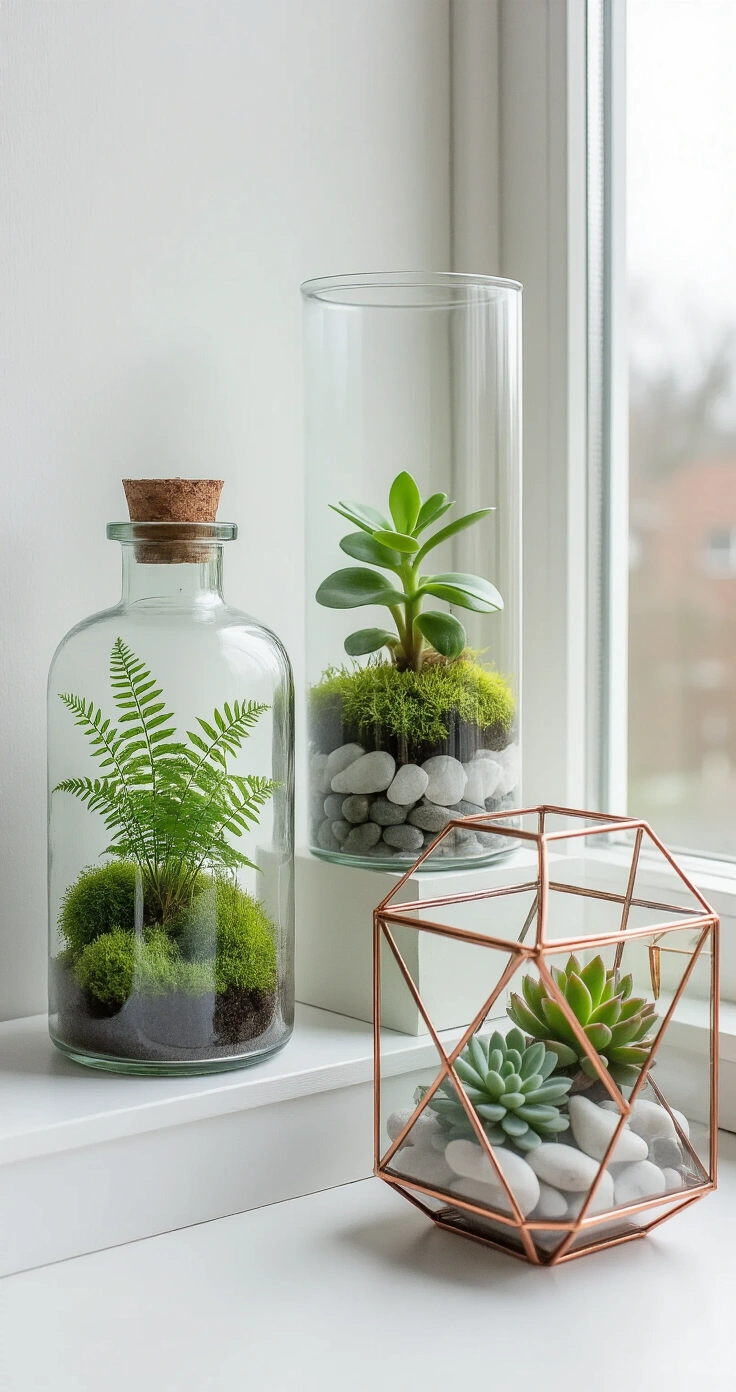 DIY Terrarium Maken: De Ultieme Gids voor een Mini-Tuin in Glas A minimalist Dutch interior scene featuring three distinct terrarium styles on a wide white windowsill, illuminated by soft, diffused natural light. The left terrarium is a sealed apothecary bottle containing miniature ferns and bright green moss, while the center piece is a tall cylindrical weck jar with a single Peperomia plant and visible white quartz pebbles. The right arrangement showcases an open geometric copper-framed vitrine with small succulents and pale gray river stones, set against a frost white palette that emphasizes clean lines and breathing room.