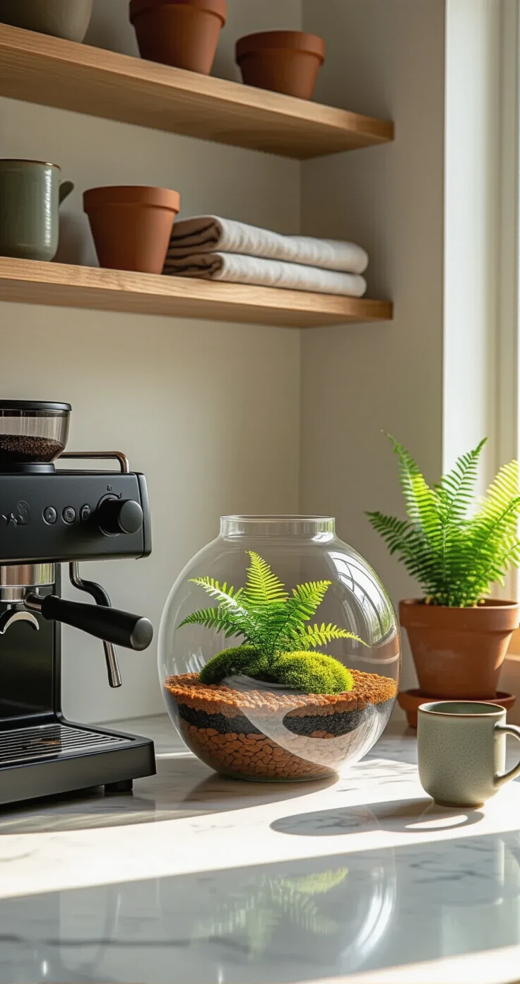 DIY Terrarium Maken: De Ultieme Gids voor een Mini-Tuin in Glas A cozy Dutch kitchen bathed in soft morning light, featuring a round glass terrarium with layered soil and ferns next to a matte black espresso machine on a white marble countertop. Wooden shelves display terracotta herb pots, a folded linen towel, and a dusty sage mug, all illuminated by warm tungsten and natural light, evoking a serene morning atmosphere.