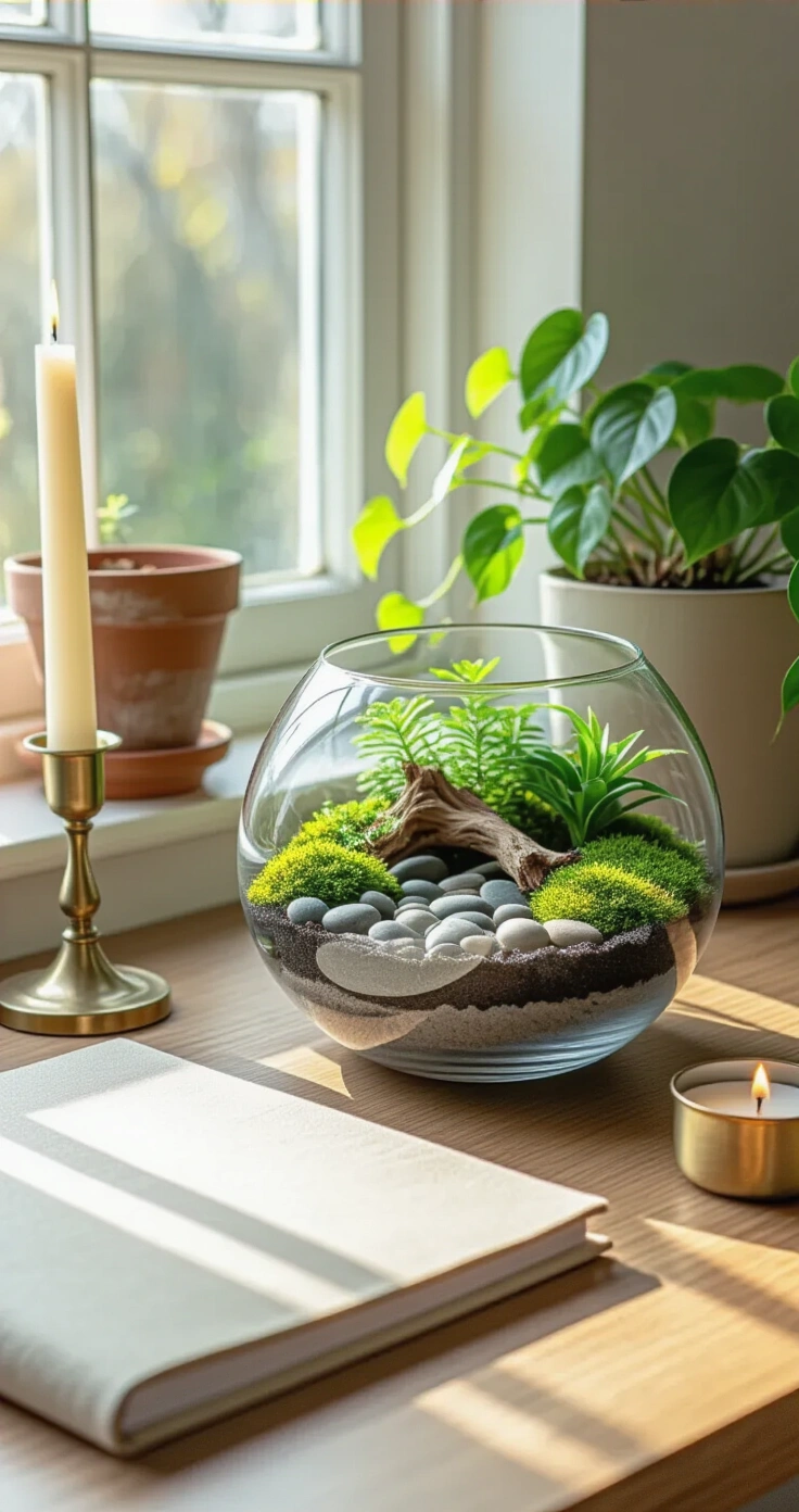 DIY Terrarium Maken: De Ultieme Gids voor een Mini-Tuin in Glas A cozy Dutch home office corner with soft late-afternoon light, featuring a compact glass bowl terrarium on an oak desk, alongside a cream linen notebook and a brass candle holder. The terrarium showcases layers of gray pebbles, activated charcoal, and a miniature landscape of Fittonia, fern, and moss with driftwood. A trailing Pothos plant sits on the windowsill, enhancing the green tones in the scene.