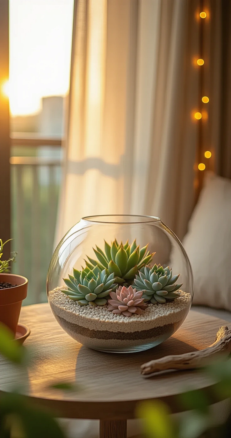 DIY Terrarium Buiten: Zo Maak Je Een Prachtige Mini-Tuin in Glas voor je Balkon of Terras Een zonnige balkonhoek van een appartement met een terrarium in een glazen schaal op een verouderde teak tafel, gevuld met grijs grind en drie vetplanten. Zachte, warme amberkleurige verlichting filtert door sheer gordijnen, met een terracotta pot, linnen kussen en slingerende lichtjes op de achtergrond.