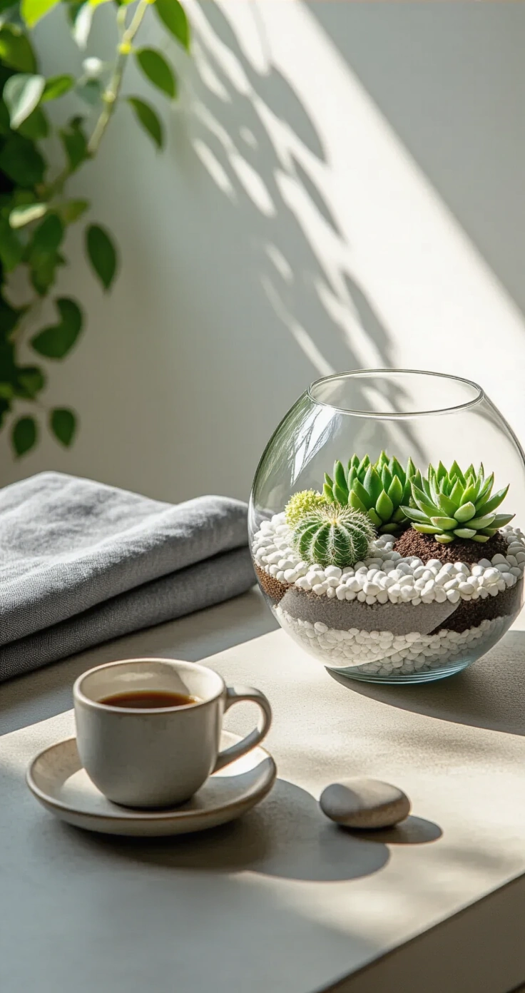 DIY Terrarium Buiten: Zo Maak Je Een Prachtige Mini-Tuin in Glas voor je Balkon of Terras Terras in de vroege ochtend met diffuus licht, een geometrisch glazen terrarium op een betonnen bistrotafel, gevuld met hyrokorrels, cactusgrond en drie soorten sedum. Decoratieve witte kwartsstenen en een klein strandsteentje zijn zichtbaar. Verfijnde charcoal grey linnengoed en een keramisch espresso kopje in de linker voorkant. Witte muur op de achtergrond met schaduw van klimplant. Sfeervolle kalme Scandinavische ochtendritueel, neutraal palet van wit, grijs en bosgroen.