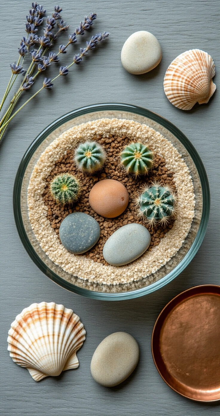 DIY Terrarium Buiten: Zo Maak Je Een Prachtige Mini-Tuin in Glas voor je Balkon of Terras Overhead flat lay van een gestileerde tuintafel met een ondiepe glazen terrarium, detail van de lagen met champagnekleurige grind, cactusgrond en drie compacte cactussen. Omringd door een gedroogde schelp, drie gladde rivierstenen, een takje gedroogde lavendel en een koperen schotel op een verweerd grijs houten tafelblad.