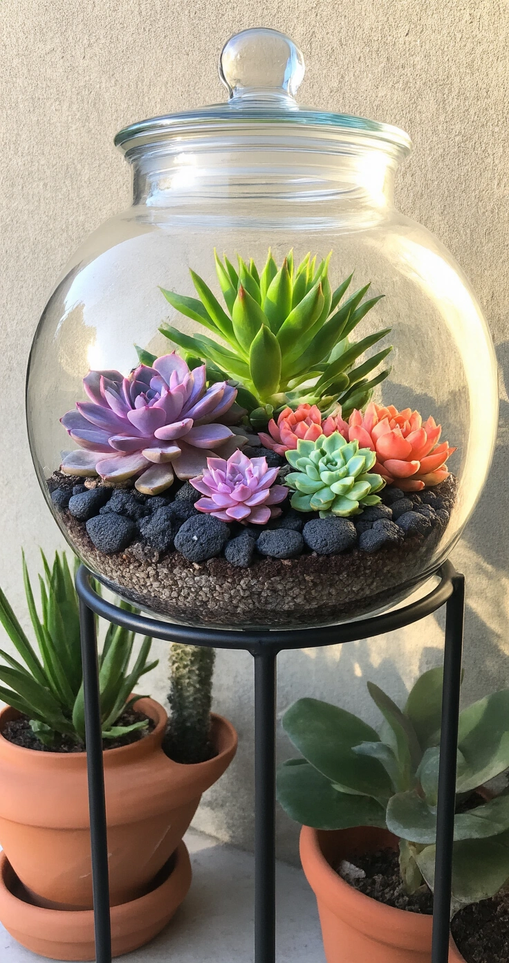 DIY Terrarium Buiten: Zo Maak Je Een Prachtige Mini-Tuin in Glas voor je Balkon of Terras Luxe balkon met een urban jungle uitstraling, in de late namiddag met tegenlicht. Een grote glazen apothekerspot zonder deksel als terrarium, omgeven door terracotta potten op verschillende hoogtes. Echeveria-planten in paarse, muntgroene en koraalkleurige tinten, met zwarte lavastenen en een betonnen muur op de achtergrond.