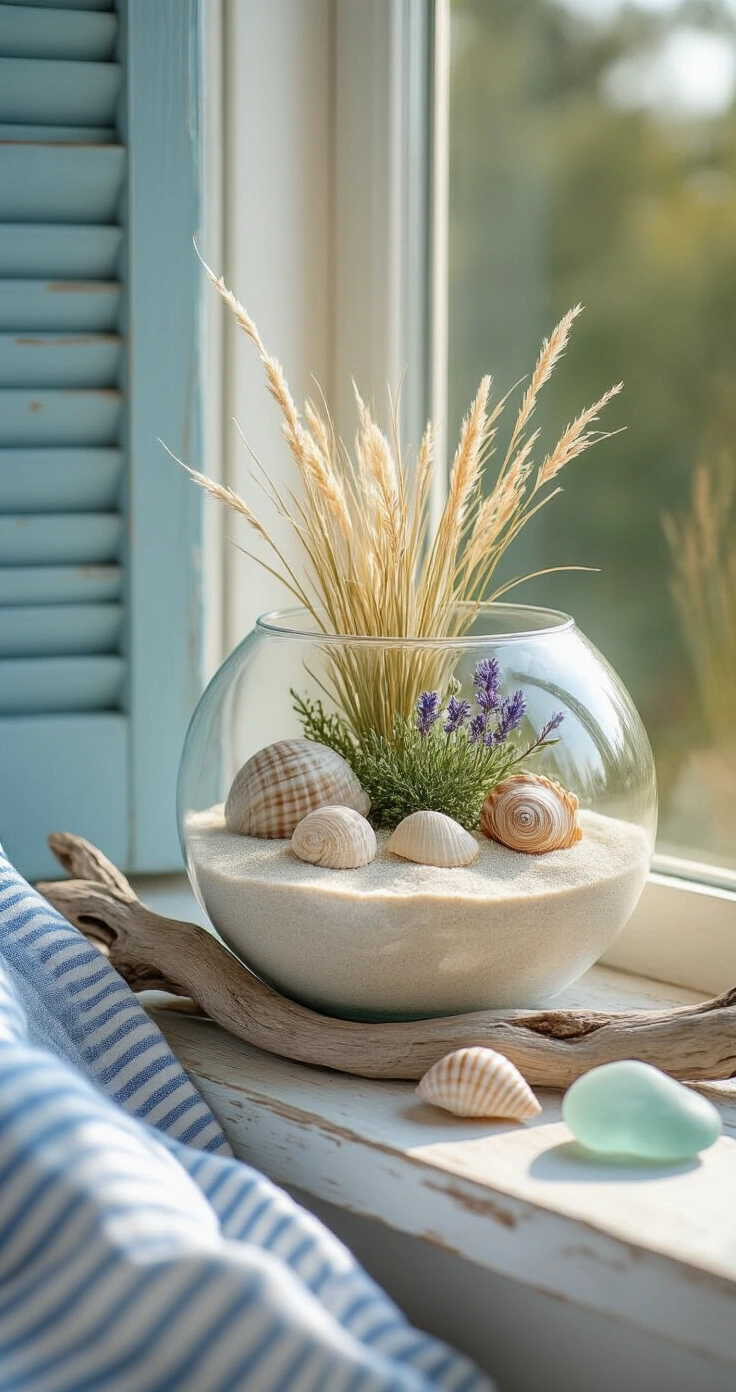 DIY Terrarium Buiten: Zo Maak Je Een Prachtige Mini-Tuin in Glas voor je Balkon of Terras Een kustthema buitenscène op een vensterbank met een ronde glazen terrarium gevuld met zand, aarde, siergrassen en zee-lavendel. Driftwood, schelpen en zee-glazen decoreren de basis. Een blauwe luik en een verweerd gestreept stukje stof zijn zichtbaar. Sfeervol en ontspannen, met een kleurenpalet van wit, tan, zee-groen en vervaagd indigo.
