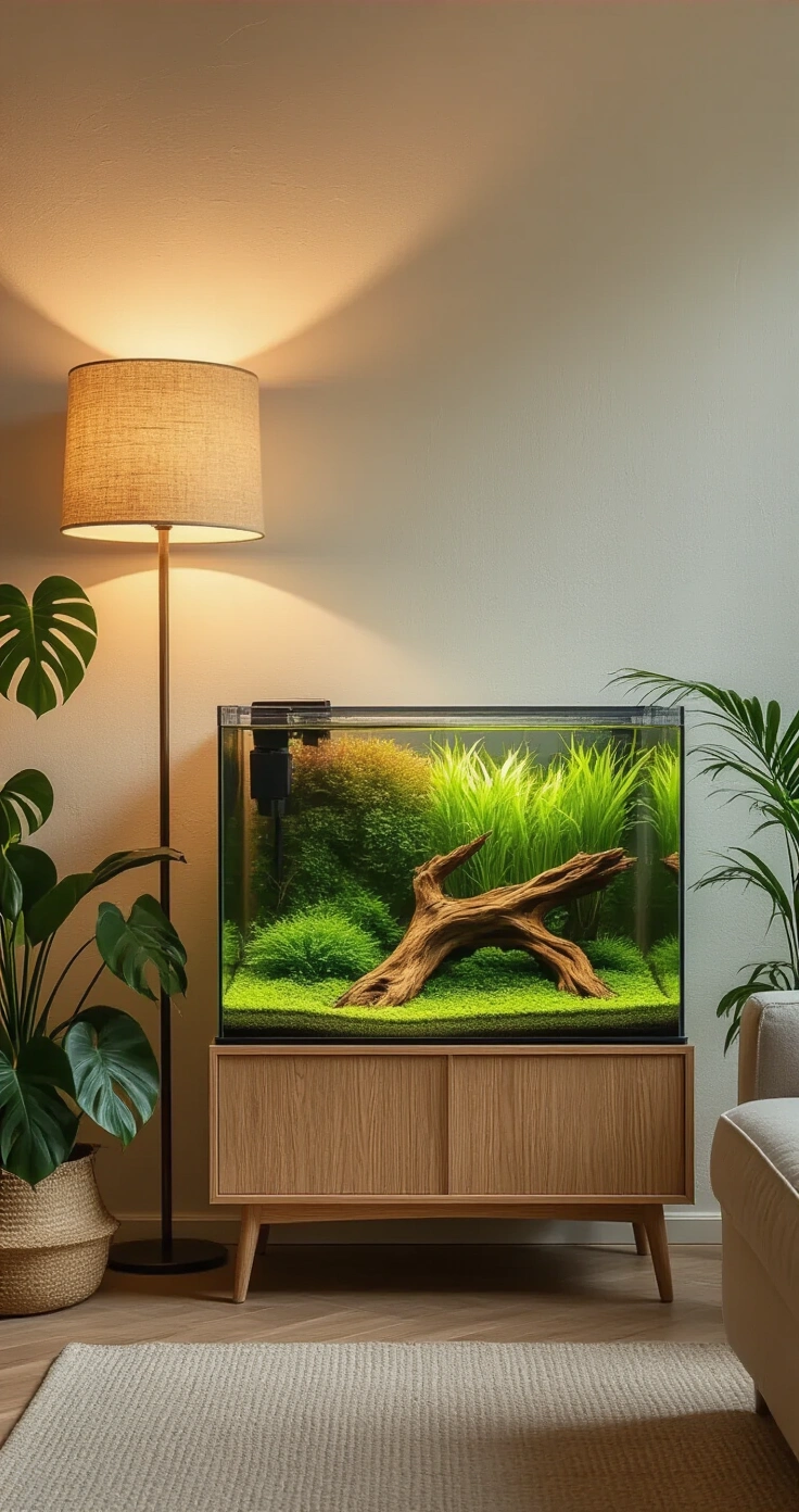 DIY Aquascape en Vijver: Zo Maak Je Thuis Een Pinterest-Waardig Waterparadijs A serene Dutch living room featuring a nature-style aquascape on a low oak dressoir, with layered green aquatic plants, dramatic driftwood, and warm amber lighting, framed by monstera and pothos plants.