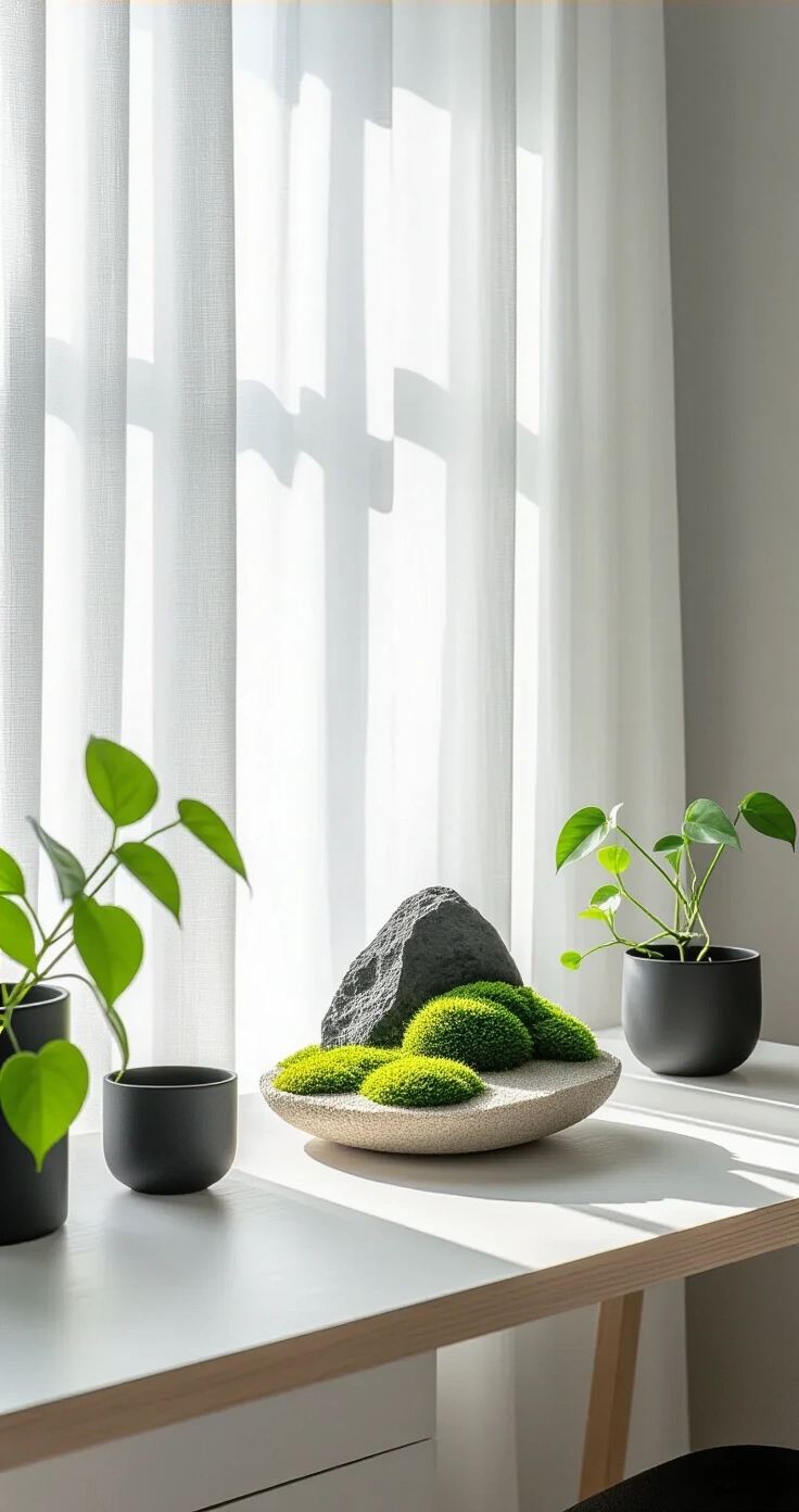 DIY Aquascape en Vijver: Zo Maak Je Thuis Een Pinterest-Waardig Waterparadijs A serene Dutch home office corner featuring a compact Iwagumi aquascape on a whitewashed oak desk, accented by volcanic stones and lush Hemianthus moss, illuminated by soft morning light through sheer white curtains against exposed concrete walls.