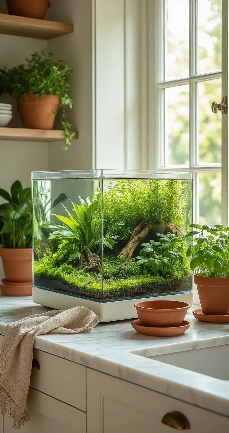 DIY Aquascape en Vijver: Zo Maak Je Thuis Een Pinterest-Waardig Waterparadijs A bright Dutch kitchen featuring a lush aquascape tank filled with tropical plants on a white marble island, surrounded by terracotta herb pots. Natural daylight streams through east-facing windows, highlighting the deep greens and warm terracotta tones in an abundant and organic setting.